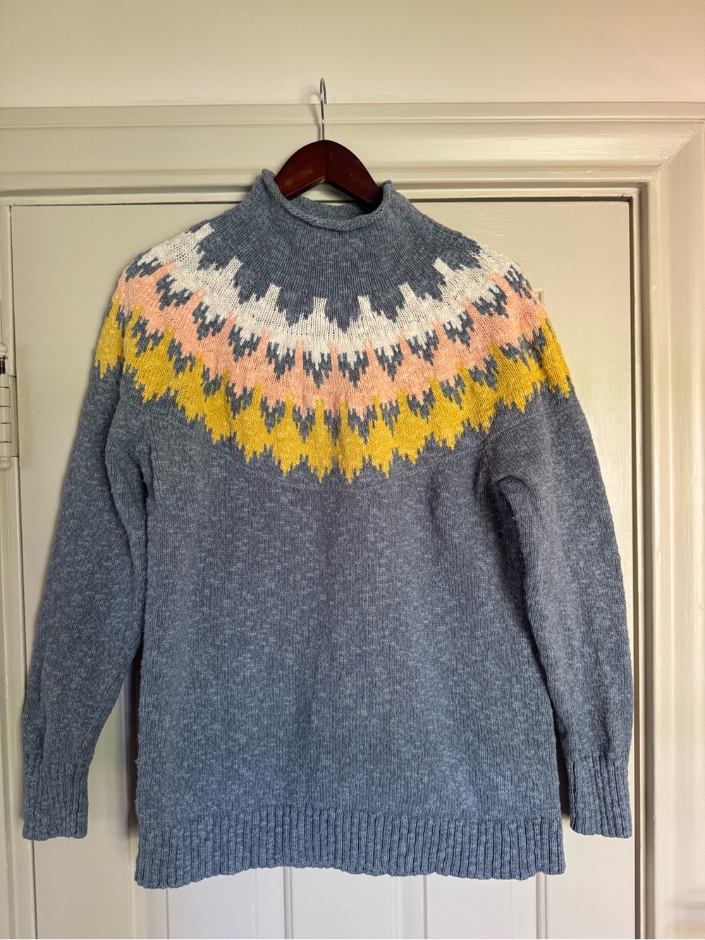 L.L. Bean Blue-Gray Turtleneck Sweater with Yellow, Pink & White Fair Isle Yoke